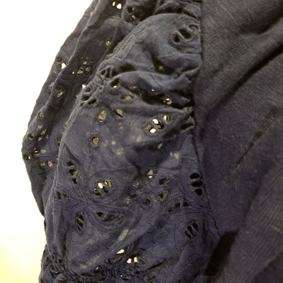 Eyelet Puff Sleeve Mixed Media Navy Top - Picture 10 of 13